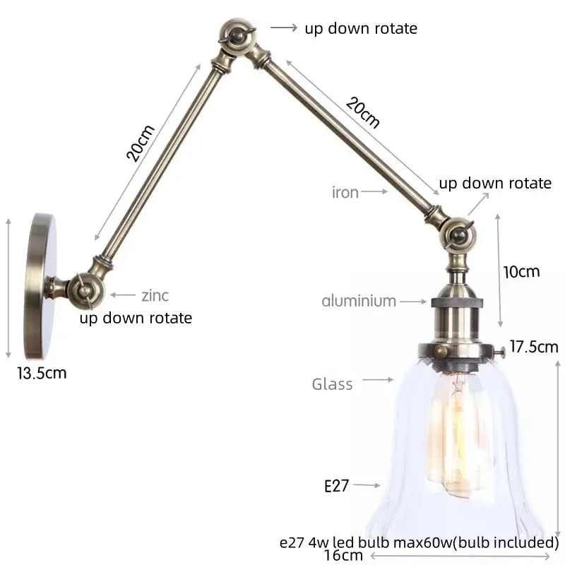 Industrial antique brass adjustable wall sconce with brass-finished arm, glass bell shade, and included e27 led bulb by decorbites industrial adjustable led