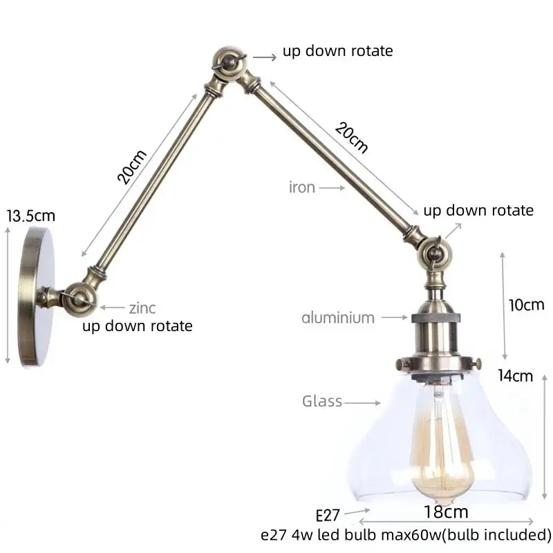 Adjustable vintage-style industrial antique brass wall sconce with brass iron arm and clear glass shade for bedroom decorbites industrial adjustable led lighting
