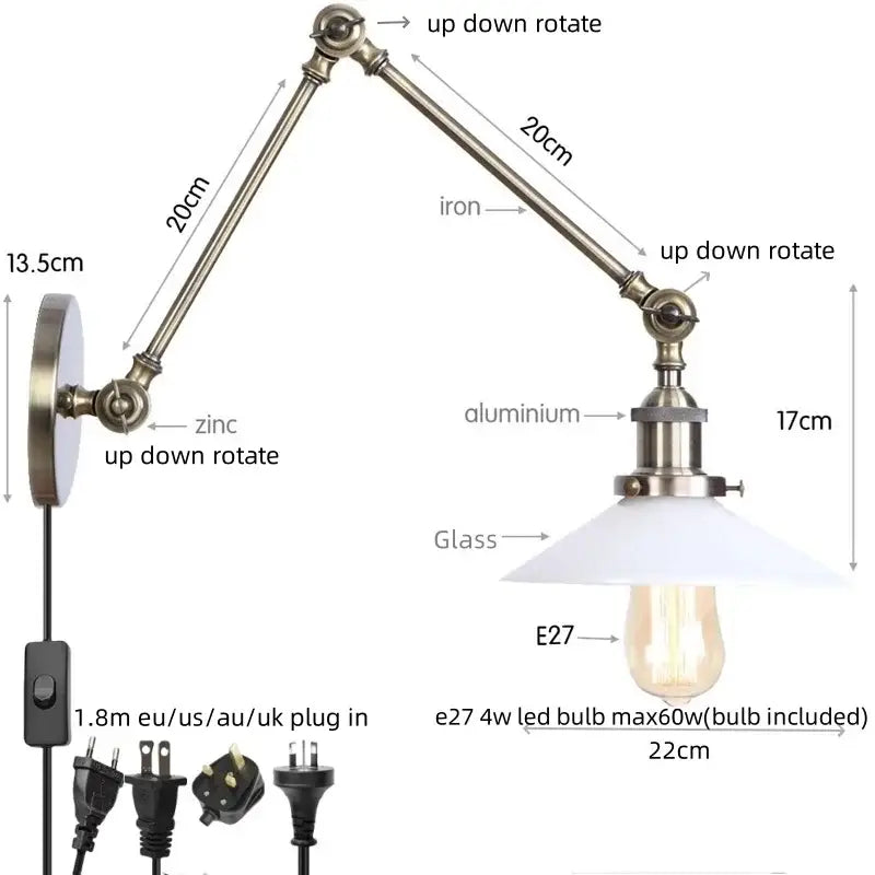 Industrial antique brass wall sconce with zinc and aluminum adjustable arms and white glass shade for bedroom decorbites industrial adjustable led light