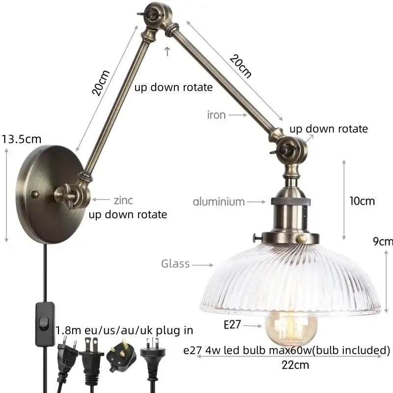 Industrial antique brass adjustable wall sconce with brass-finished iron and aluminum arm and ribbed glass shade decorbites industrial adjustable led