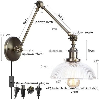 Industrial antique brass adjustable wall sconce with brass-finished iron and aluminum arm and ribbed glass shade decorbites industrial adjustable led