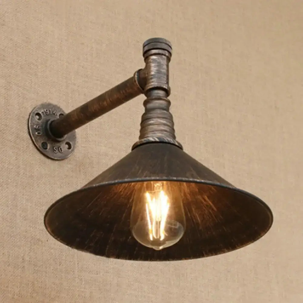 DecorBites™ farmhouse style wall sconce with antique brass cone and dark weathered metal finish and exposed bulb