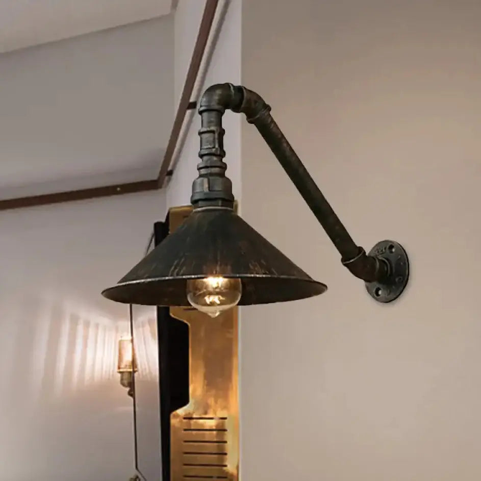 Decorbites™ farmhouse style wall sconce with antique brass cone, dark weathered metal finish, and exposed edison bulb