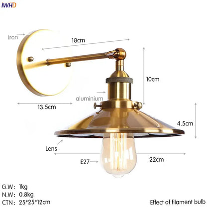 Brass-finished industrial antique gold rustic wall light with conical shade and exposed filament bulb for living room decorbites