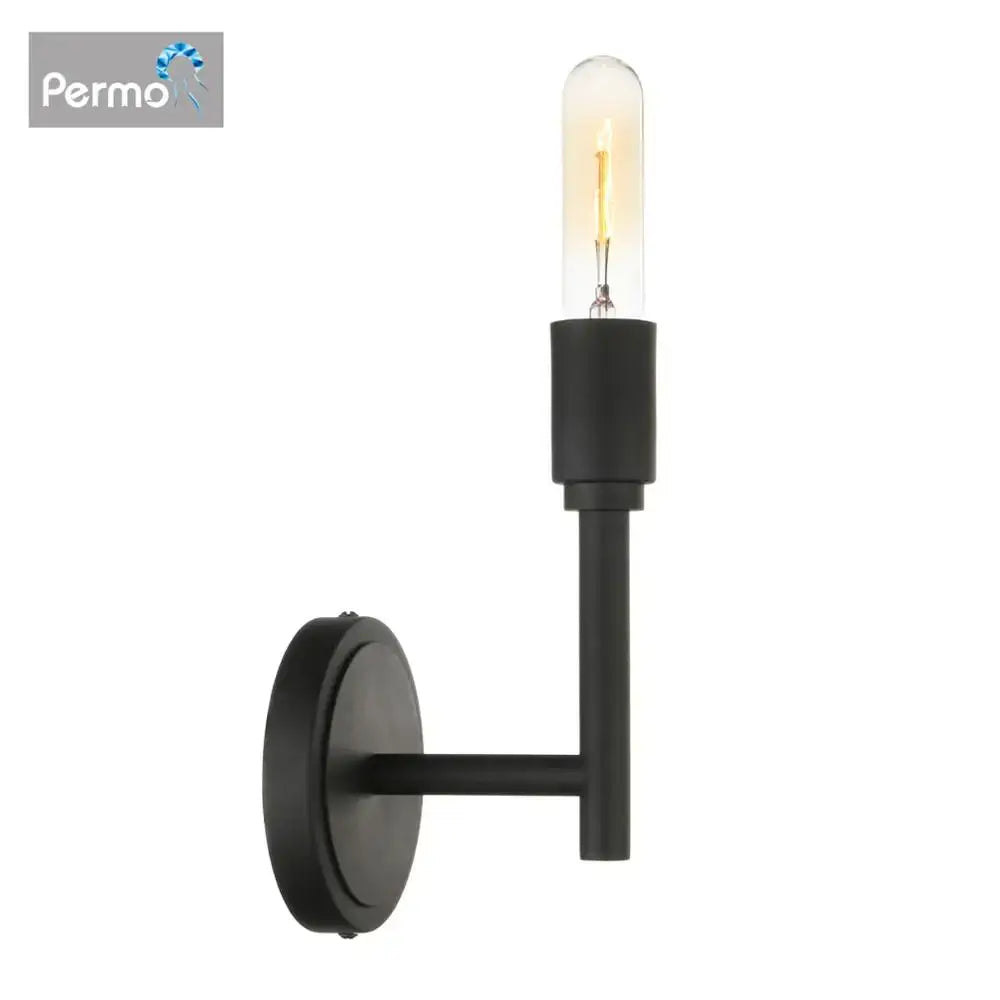 Black matte industrial antique metal wall lamp with slender arm and vintage filament bulb for bedroom decorbites sconce