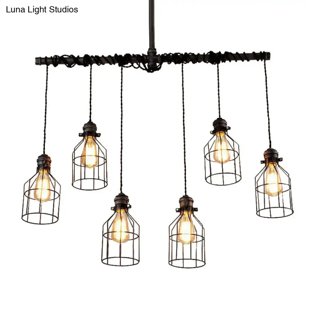 Industrial-style black metal pendant light with five hanging cage lights featuring antique style bronze iron accents