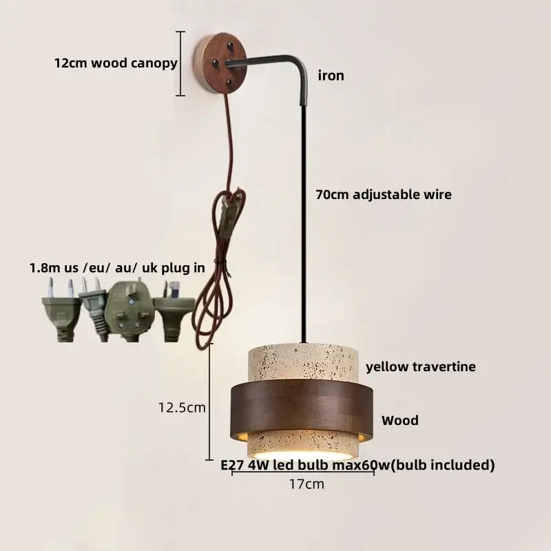 Industrial beige concrete wall lamp with 12cm wood canopy, adjustable iron arm, led decorbites wall lamp for bedroom