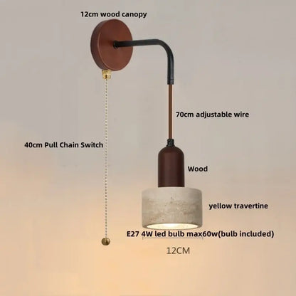 Rustic industrial beige concrete wall lamp with warm wood canopy and yellow travertine shade for decorbites led wall lighting