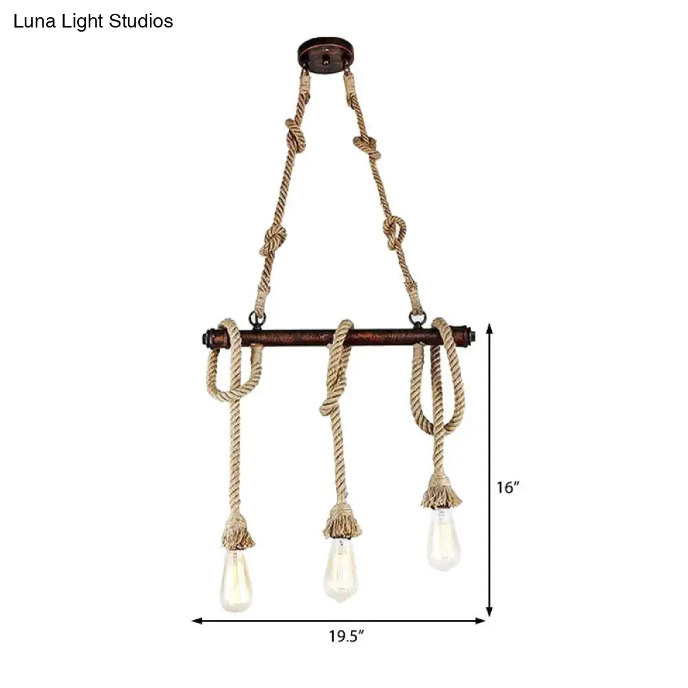 Rustic bronze metal chandelier with three rope-suspended heads open bulb pendants for dining room lighting
