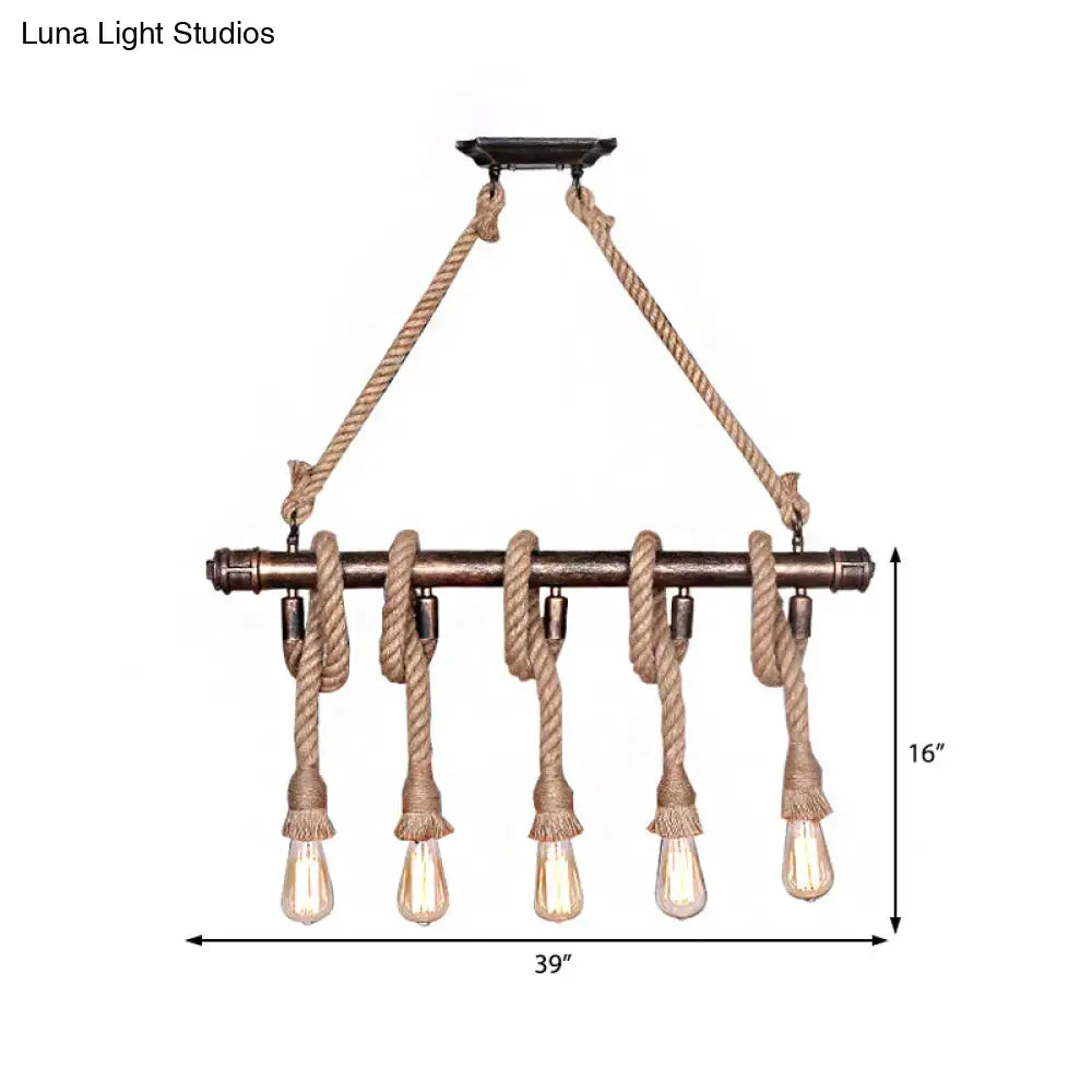 Rustic industrial beige rope 3 heads open bulb pendant light with dark bronze metal bar and vintage edison bulbs for dining room