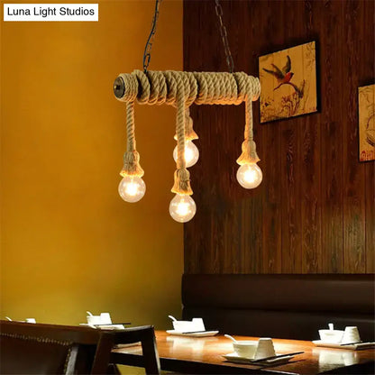 Decorbites industrial style hanging island light beige coiled rope chandelier with three exposed bulbs for dining room