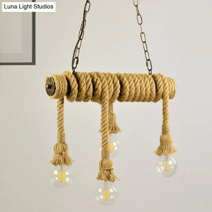 Decorbites industrial style hanging island light with beige rope and four clear glass bulbs for dining room use