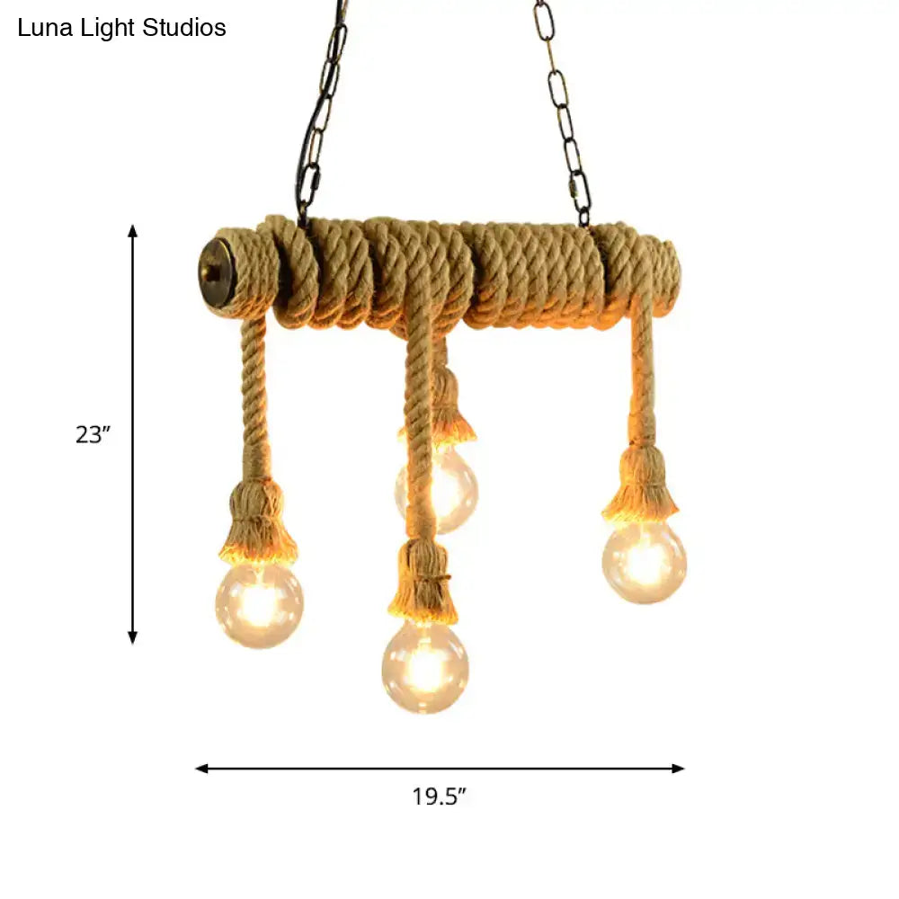 DecorBites industrial style hanging island light with rope wrapped metal frame and three bulbs for dining room in beige