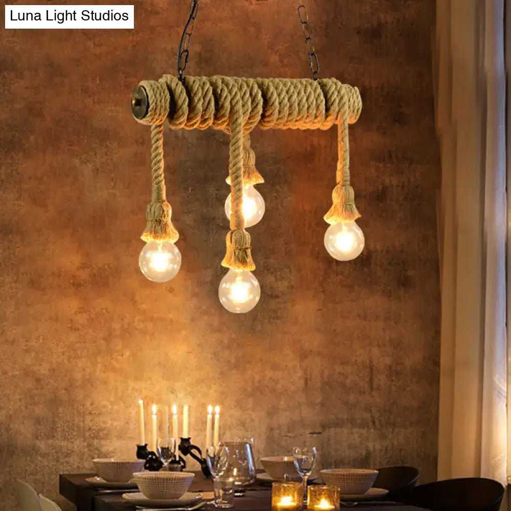 DecorBites industrial style hanging island light with rustic rope and three exposed bulbs beige for dining room