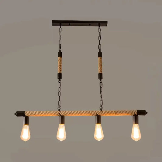 Industrial beige rope island light fixture with black metal frame natural twine and bare bulb design 220v-240v 110v-120v