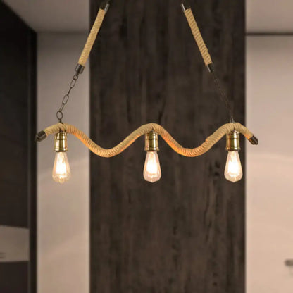 Industrial beige rope pendant light with exposed bulbs and brass fixtures for dining room lighting