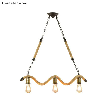 Rustic industrial beige rope pendant light with three exposed bulbs black metal chains for dining room use