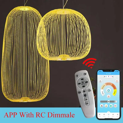 Two glowing yellow pendant lights with woven wireframe design featuring app and remote control smart lighting decorbites industrial birdcage iron table