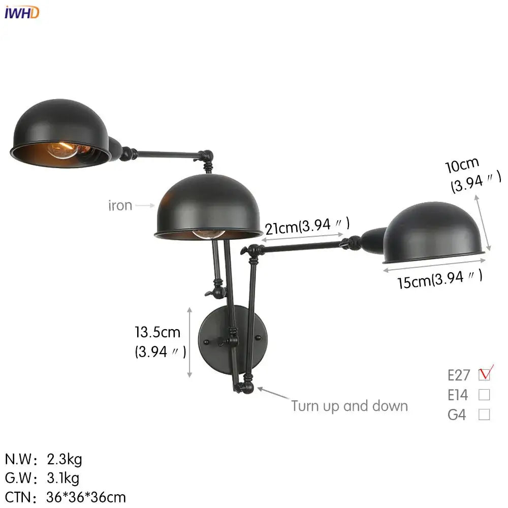Industrial black 3 head adjustable wall sconce with black iron dome shades perfect for decorbites loft antique bedroom lighting