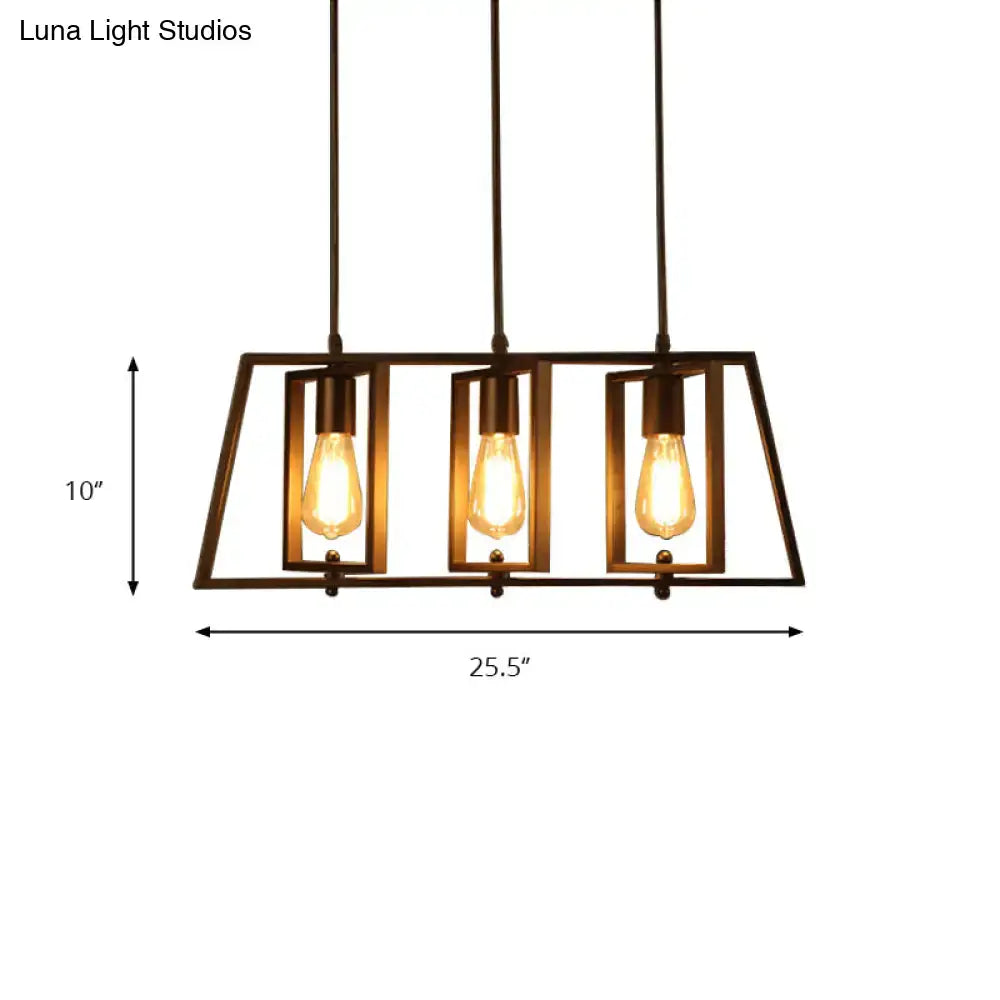 Decorbites farmhouse trapezoid frame island pendant light with three exposed edison bulbs in black metal frame