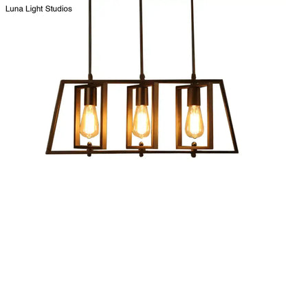 Industrial-style DecorBites™ farmhouse trapezoid frame island pendant light with dark bronze metal frame and edison bulbs