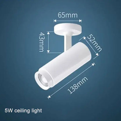 White cylindrical 5w ceiling light with sleek modern design and precise markings for decorbites adjustable focus track spotlights