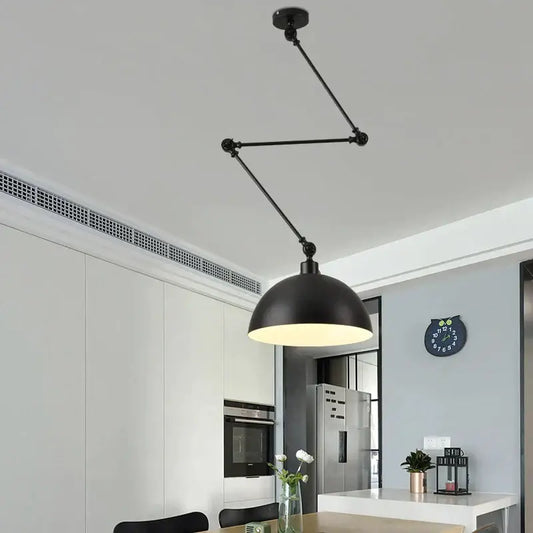 Industrial black adjustable long arm pendant light with matte finish and articulated arms for living room lighting