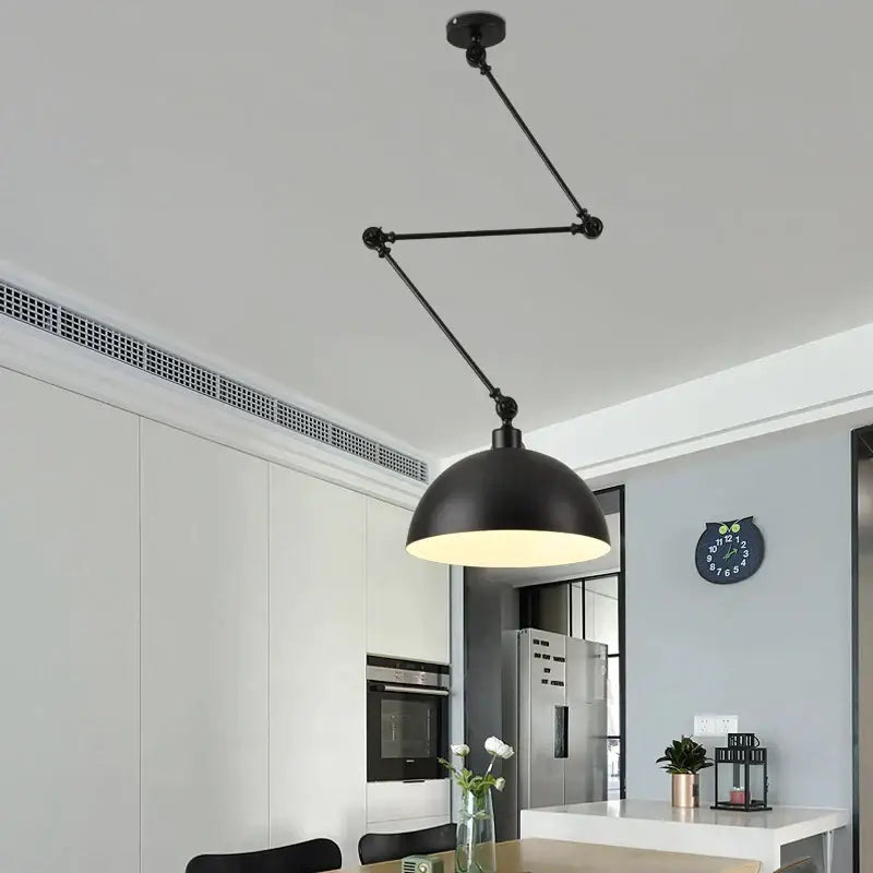 Industrial black adjustable long arm pendant light with matte finish and articulated arms for living room lighting