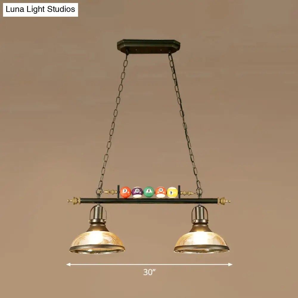 Antique brass-finished industrial style pool table pendant light with black metal finish and colorful billiard ball deco