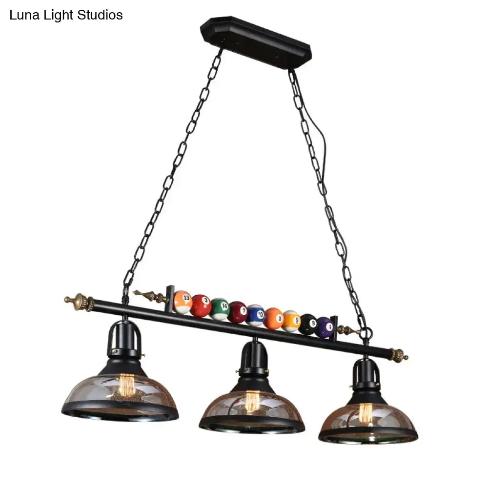 Decorbites™ industrial style black metal pool table light with three amber shades and colorful billiard ball deco