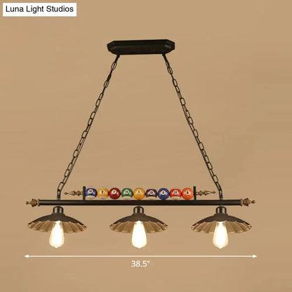 Black wrought iron industrial style pool table light with three vintage shades and colorful billiard ball deco bar