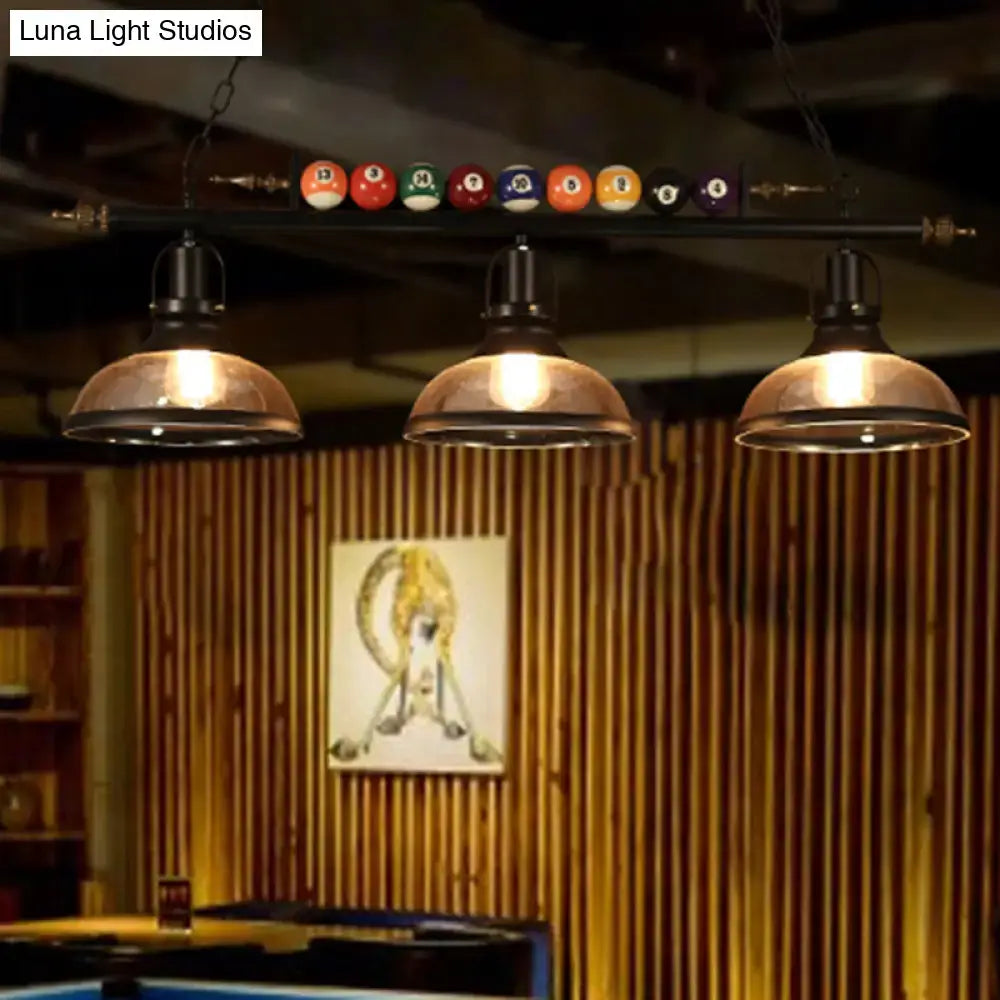DecorBites™ industrial style three-light pendant with black metal frame copper shades and colorful billiard ball deco