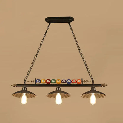 Decorbites™ industrial style hanging light with black metal finish featuring three bulbs and billiard ball deco design