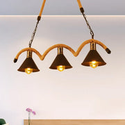 Decorbites rustic metal cone island ceiling light with black shades brass accents and beige rope suspension chains