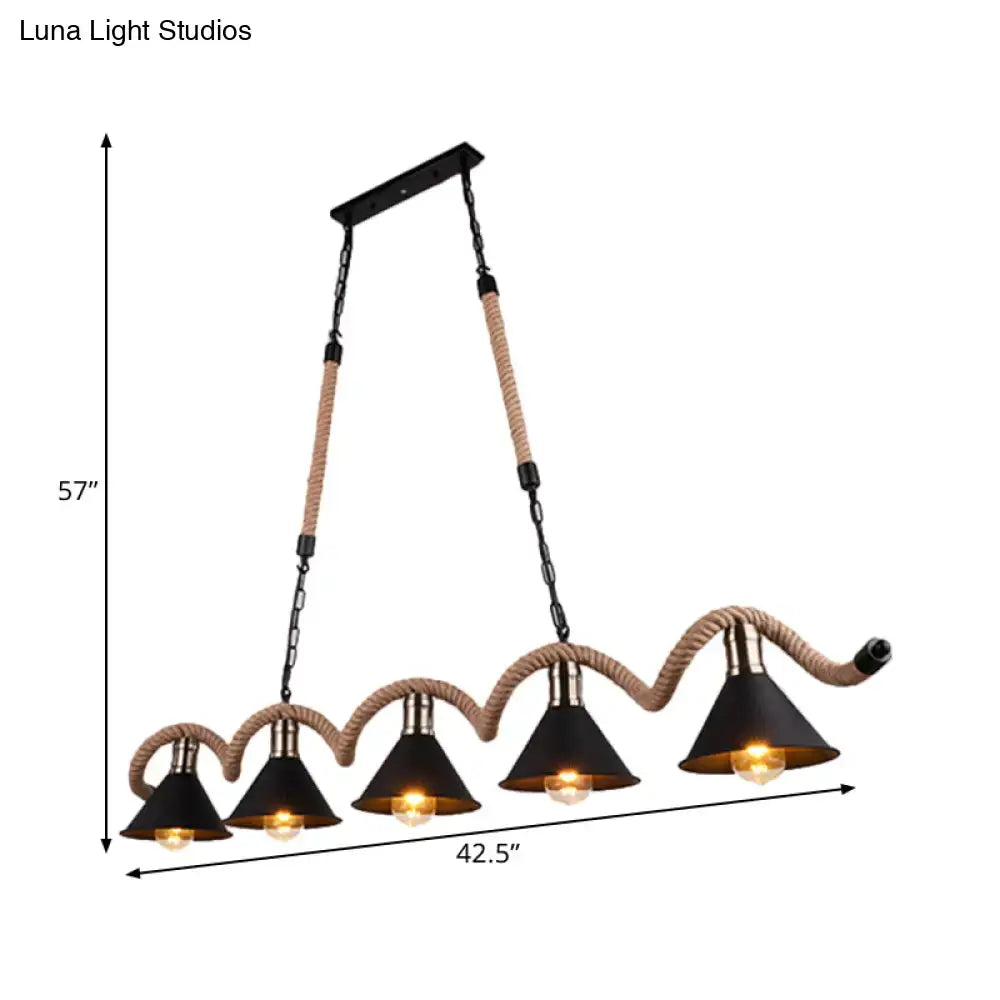 Industrial-style black and brown decorbites™ rustic metal cone island ceiling light with rope and chain suspension