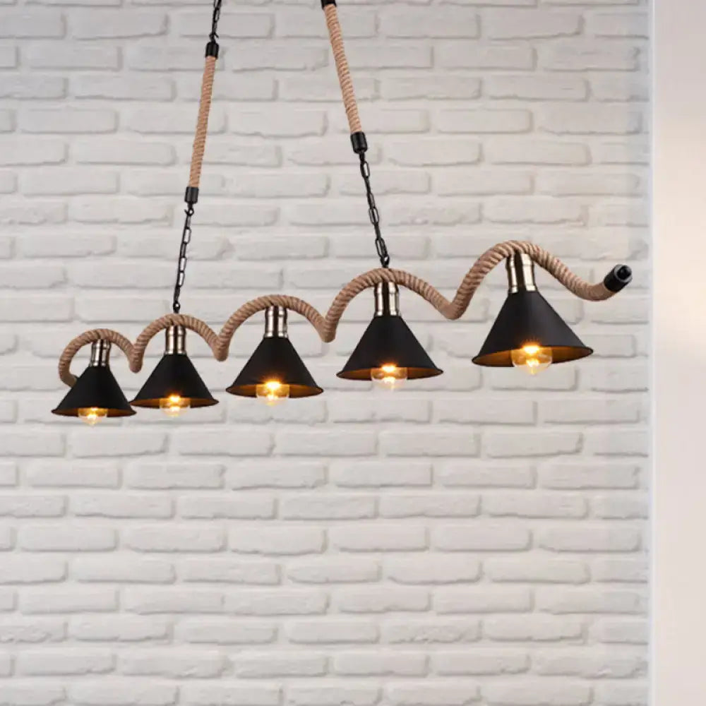 Decorbites rustic metal cone island ceiling light with black shades and natural rope suspension for island ceilings