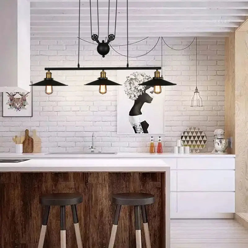 Black industrial metal flying saucer ceiling light with brass accents and pulley pendant for e26 e27 bulbs in bars