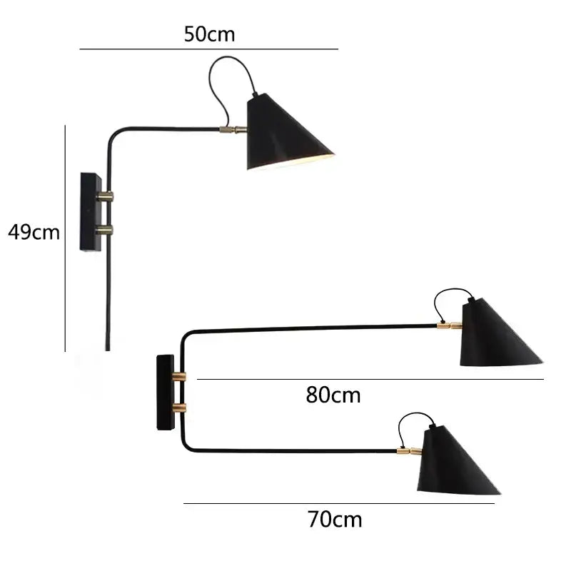 Black conical wall light with matte finish and brass accents swing arm for industrial vintage decorbites living room use