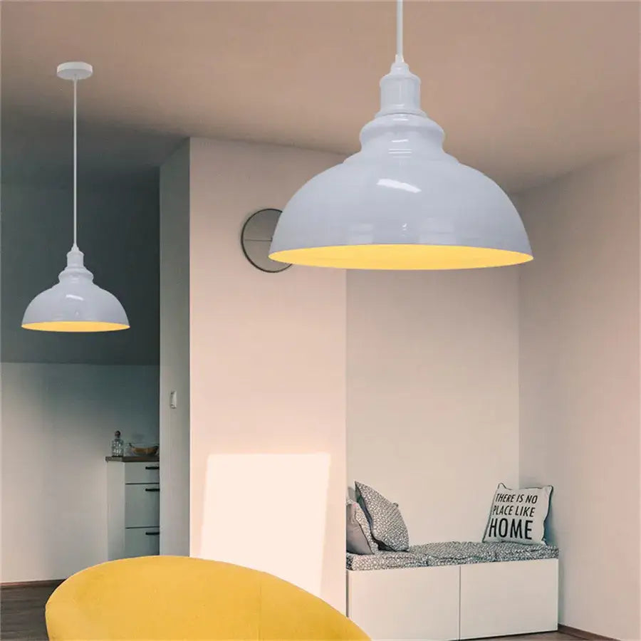 White glossy pendant light with warm yellow interior from decorbites industrial loft iron pendant lights set for dining room