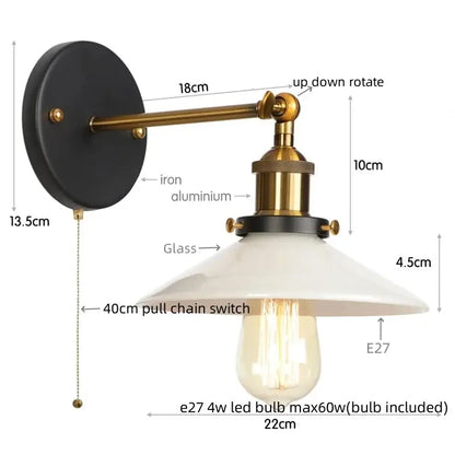 Vintage-style decorbites led wall sconce with black backplate, brass arm, white glass shade, and exposed edison bulb
