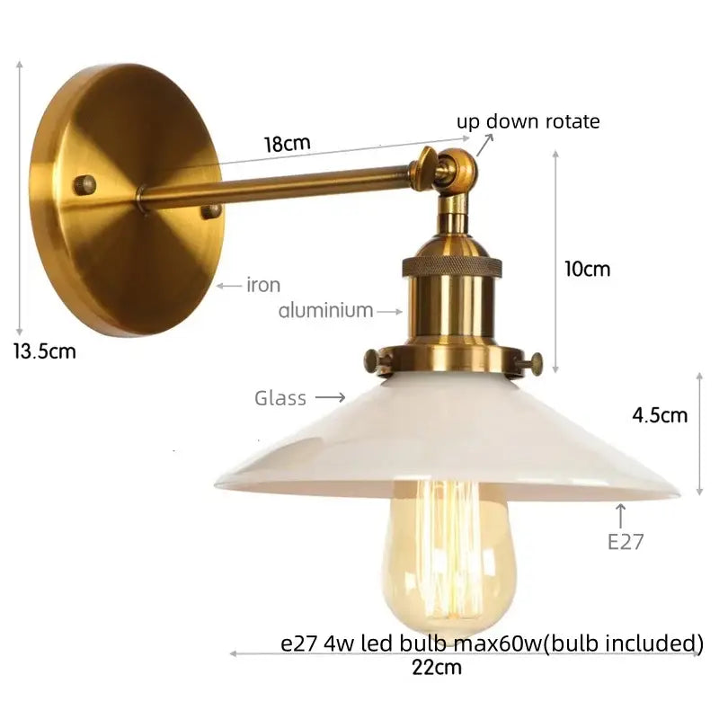 Antique brass-finished industrial decorbites led wall sconce with white glass shade and exposed led filament bulb