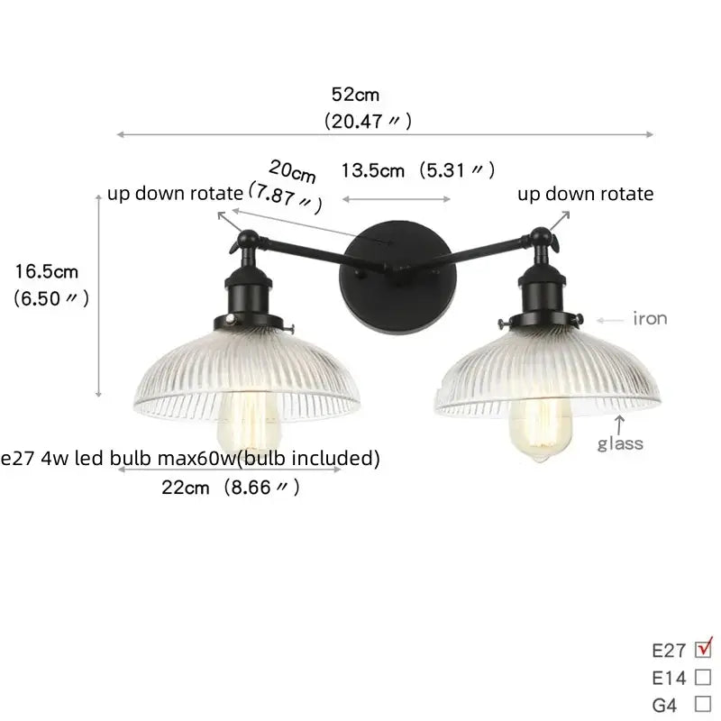 Industrial black iron wall light fixture with two ribbed glass shades and adjustable arms for bedroom use