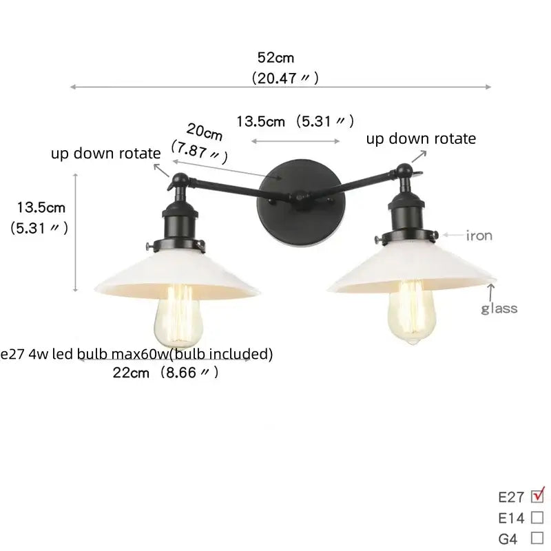 Industrial black iron wall light fixture with two adjustable arms and white glass shades for bedroom sconce lighting