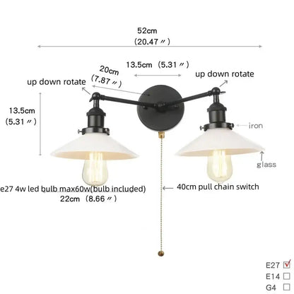 Industrial black iron wall light fixture with two adjustable arms and white glass shades for bedroom sconce lighting