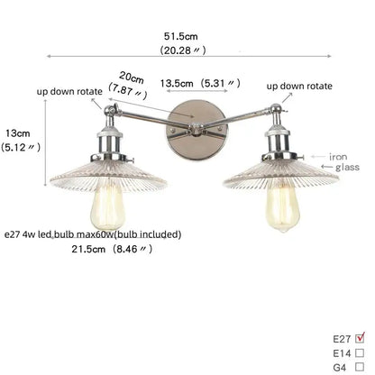 Industrial black and white wall light fixture featuring polished chrome iron arms and clear glass shades with edison bulbs