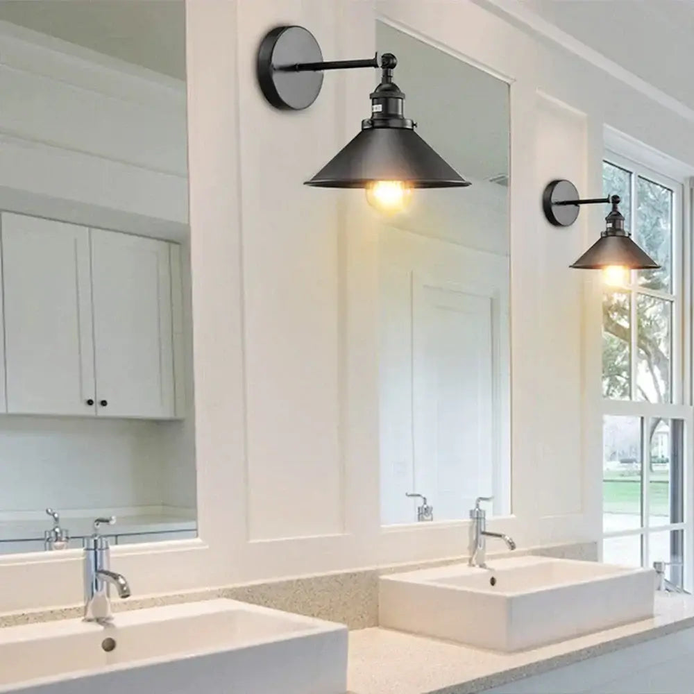 Black wrought iron wall sconce with conical shade for decorbites industrial wall sconce bedroom metal lamp
