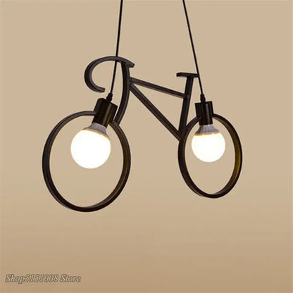 Black metal industrial bicycle pendant light with two glowing bulbs ideal for living room decorbites pendant light