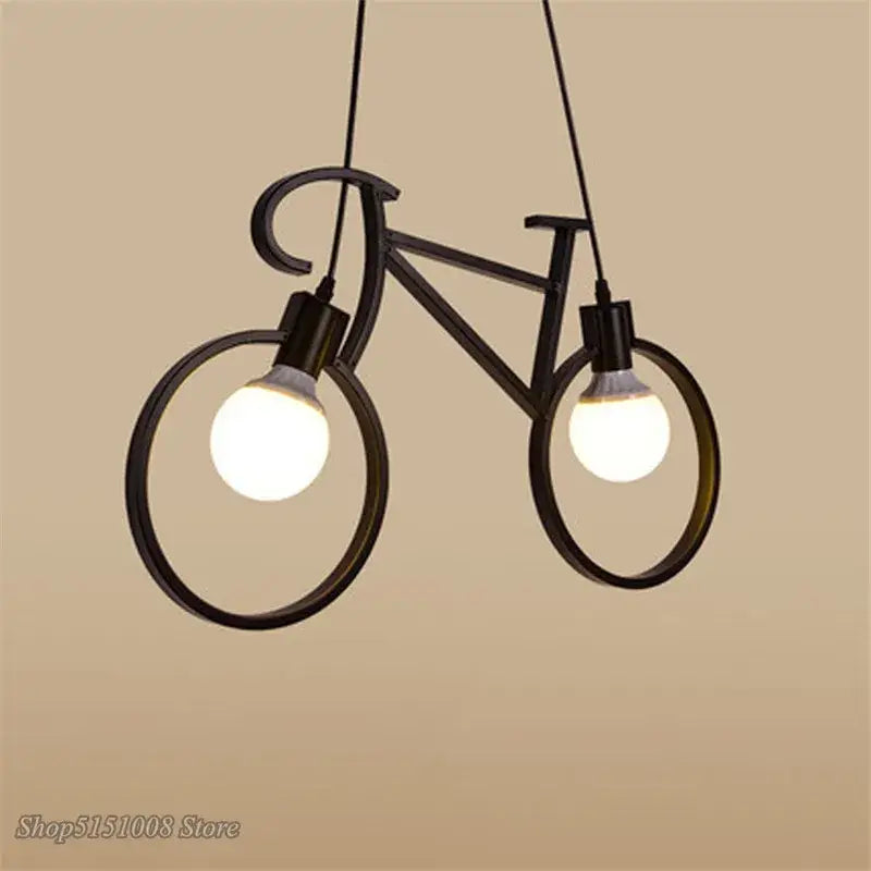 Black metal industrial bicycle pendant light with two glowing bulbs ideal for living room decorbites pendant light