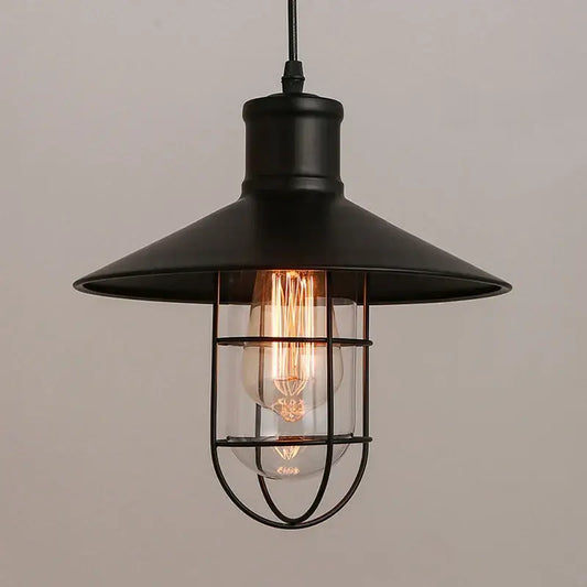 Industrial black bird cage pendant light with wide metal shade and exposed filament bulb for dining room decorbites bird cage