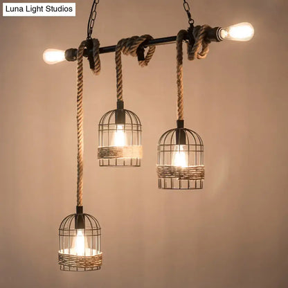 DecorBites™ black birdcage pendant light with five e26 e27 bulbs features industrial metal frames wrapped in jute rope